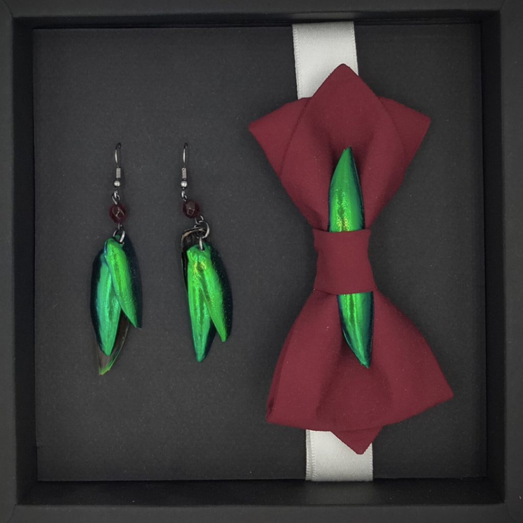 Coffret Noeud rouge framboise et Boucles d’oreilles en scarabée irisé