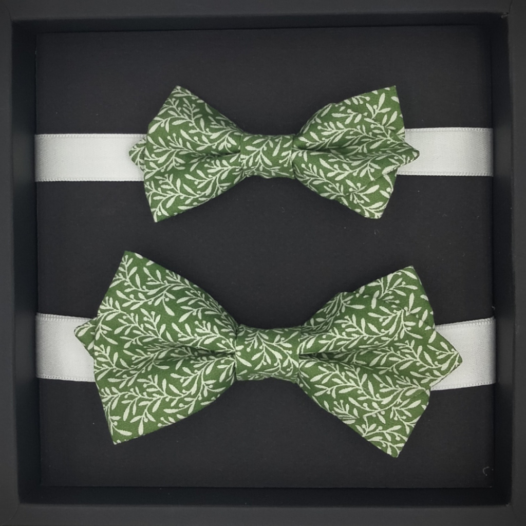 COFFRET NOEUDS ADULTE ET ENFANT vert prairie motifs feuilles d’olivier en coton