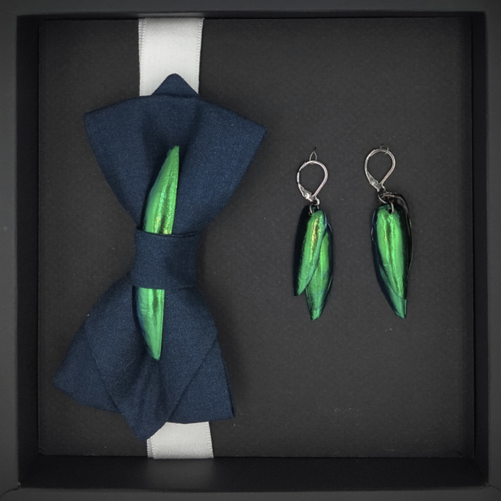 Coffret Noeud bleu Marine et Boucles d’oreilles scarabée irisé