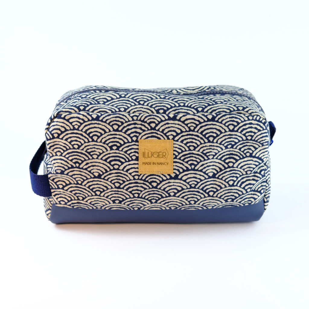 Trousse de Toilette en Coton Japonais Indigo et Beige – Motif Rustique Seigaiha – Illiger